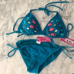 Xhilaration teal bikini with beads bottom S top XL